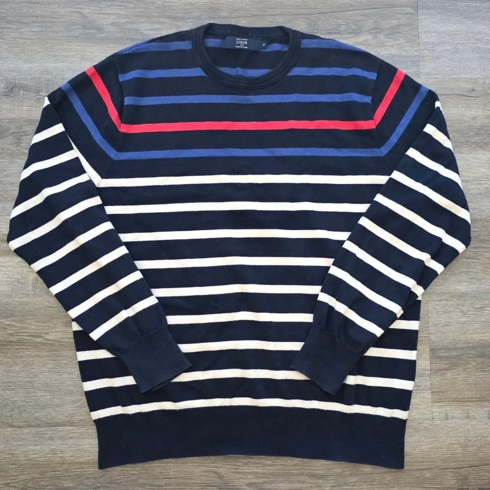 J.Crew Mens XL Striped Cotton Crewneck Sweater Navy Blue Red White Preppy